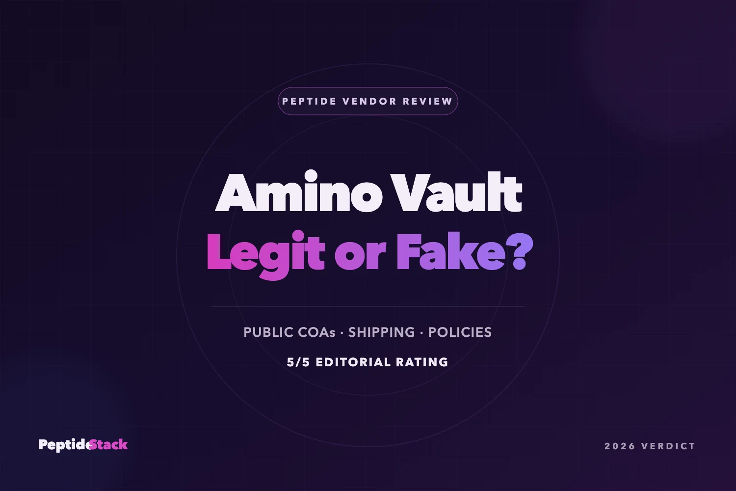 Amino Vault review editorial thumbnail with a research peptide vial, laboratory analysis document, and secure vault backdrop