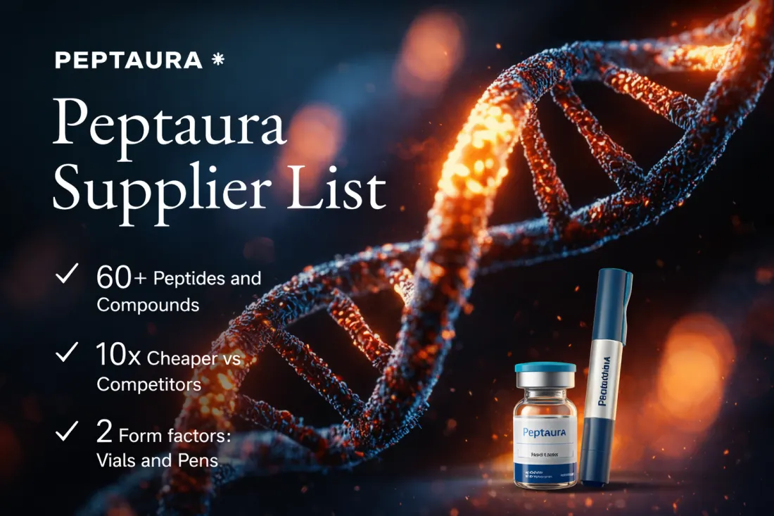 Peptaura supplier list showing Welon and Yimei Co direct contact information
