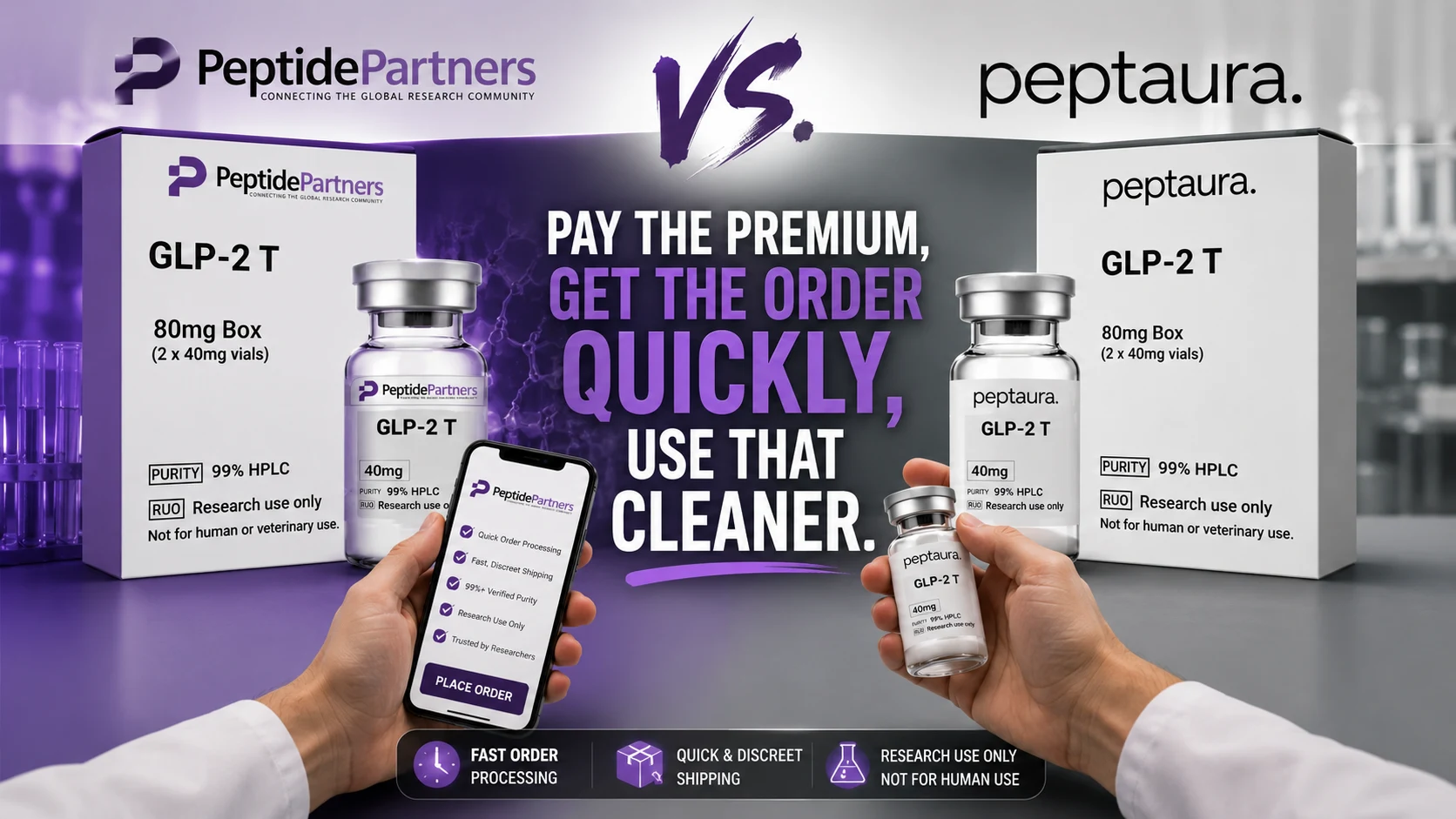 Peptide Partners vs Peptaura comparison artwork for research peptide sourcing
