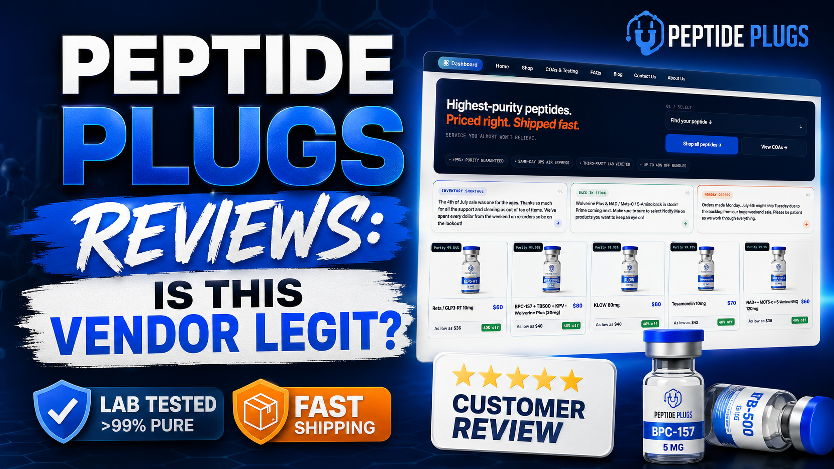 Peptide Plugs homepage with research peptide product cards, COA navigation, and vendor review signals