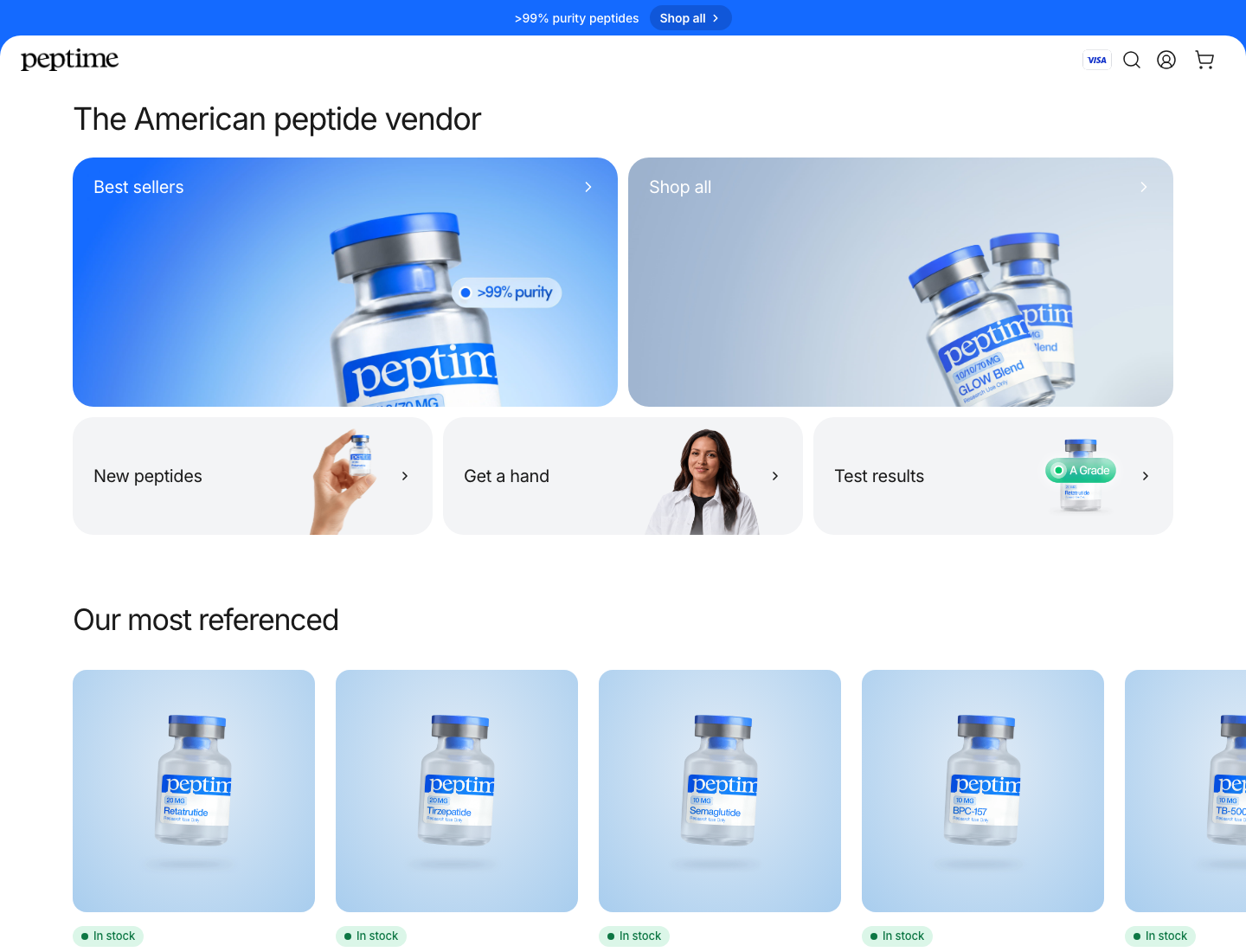 Peptime homepage screenshot showing American peptide vendor claims and research peptide products