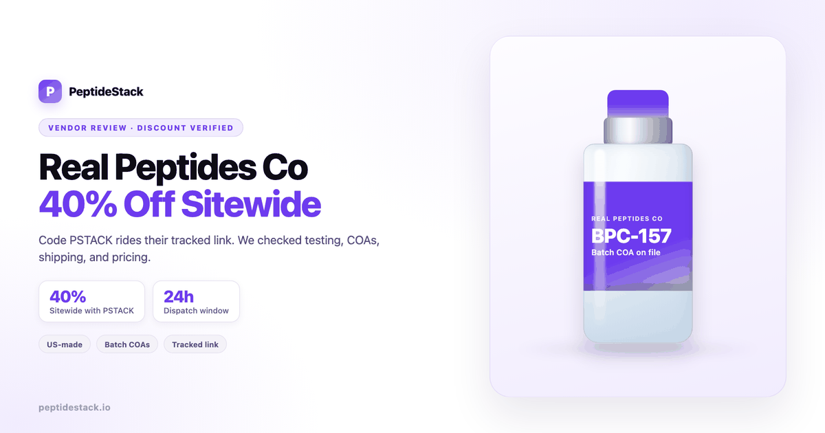 Real Peptides Co review — PeptideStack 2026 vendor review with research vial and PSTACK coupon code